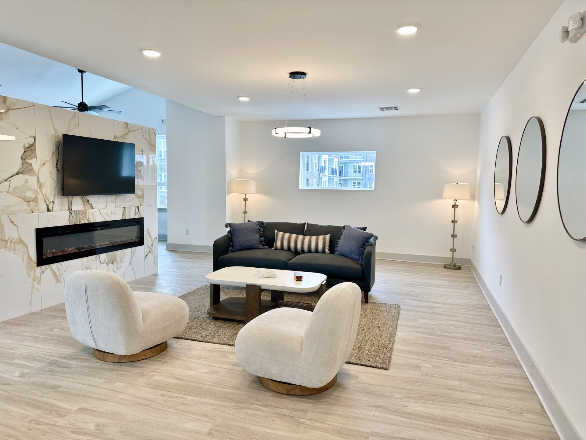 Lounge seating arranged by the fireplace