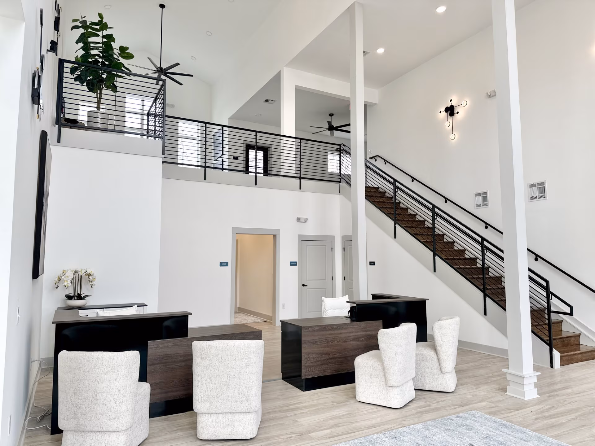 Clubhouse staircase rising to the mezzanine