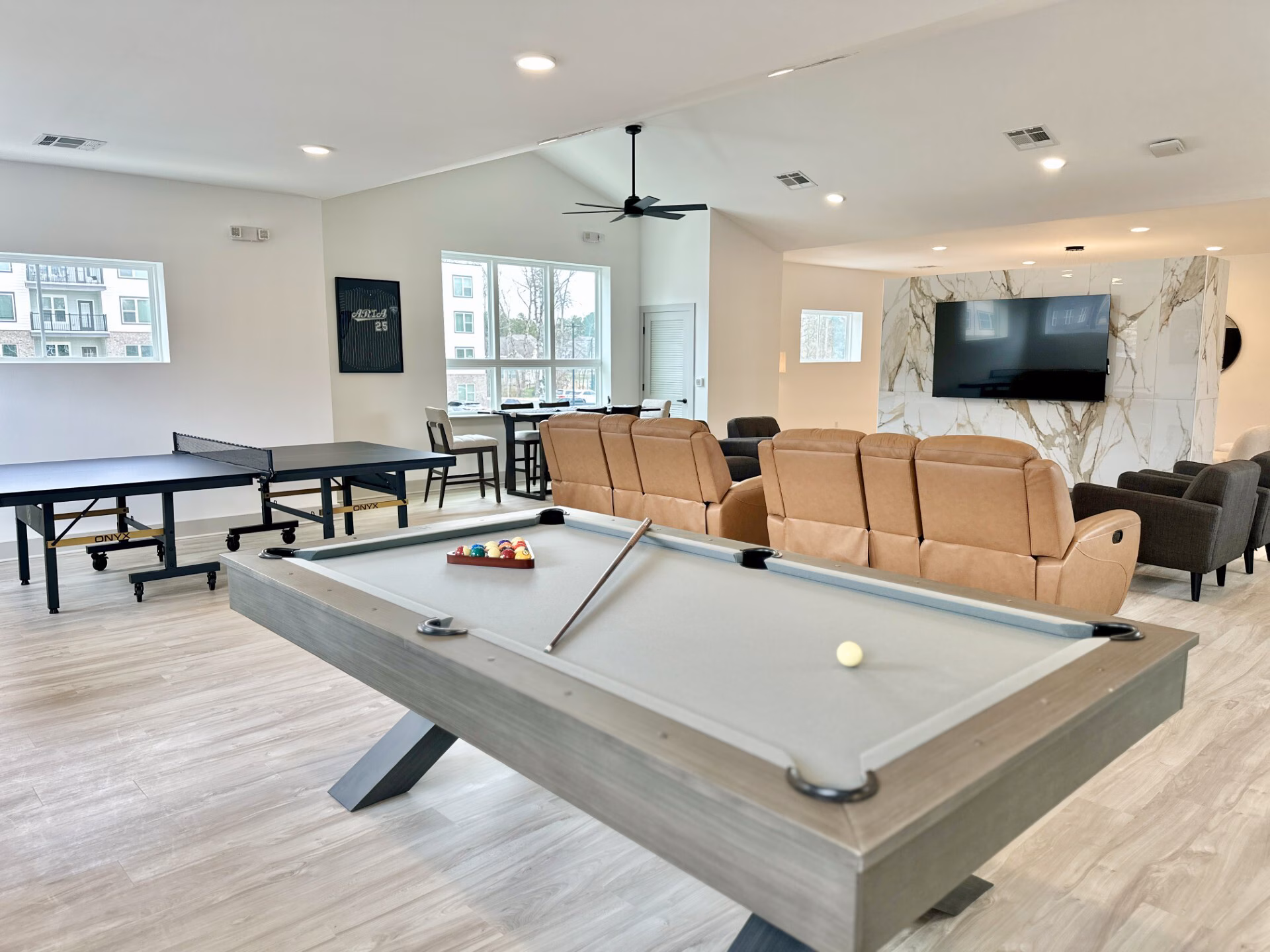 Game lounge with a billiards table